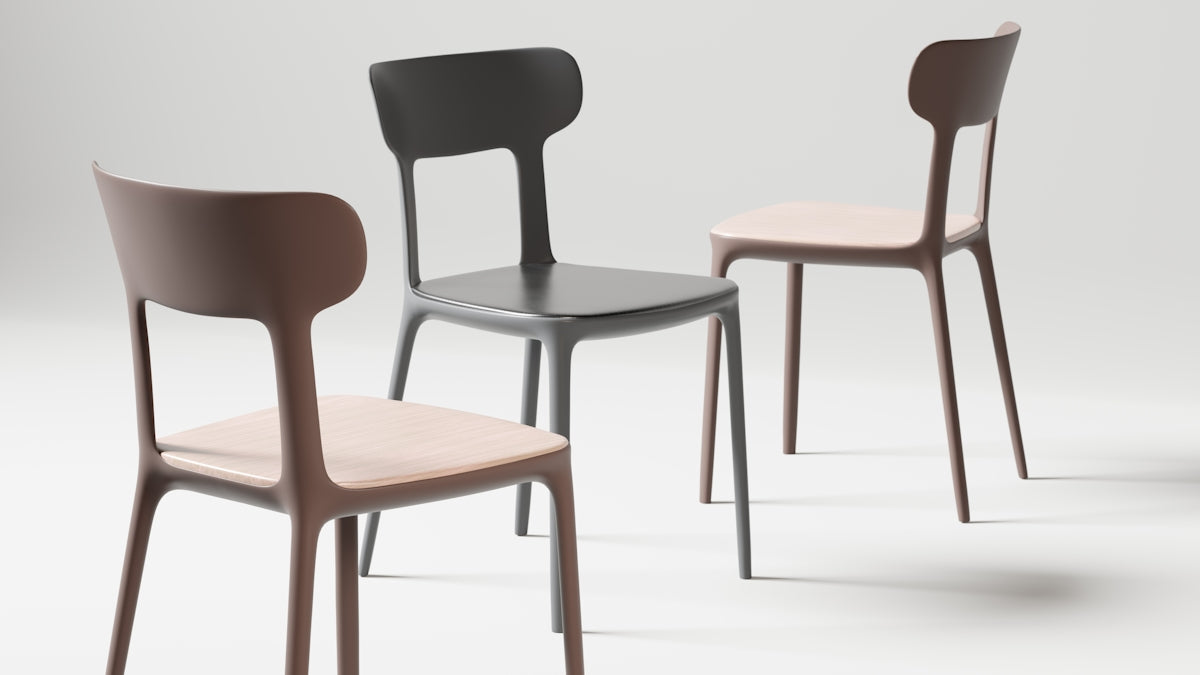 Three modern chairs are displayed on a white backdrop.