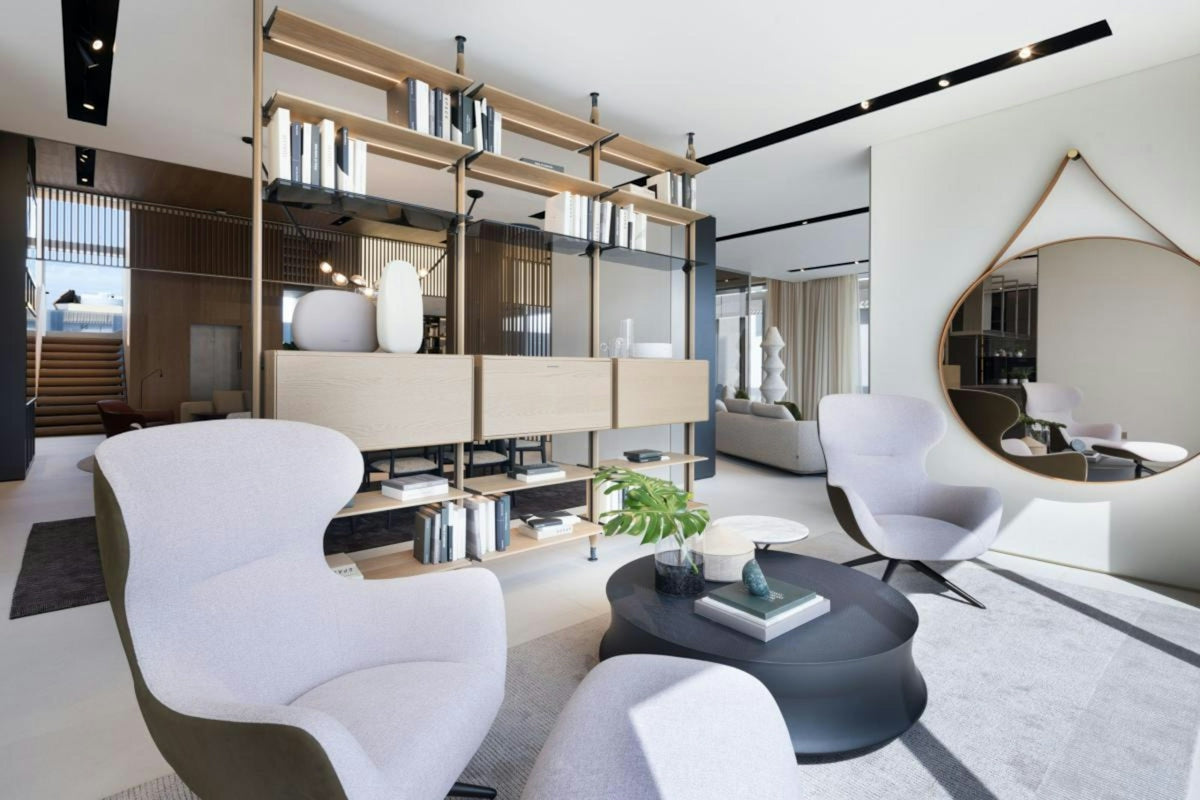 Modern living room with stylish furniture and shelving
