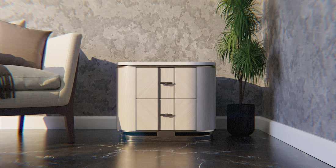 A modern nightstand next to a sofa and potted plant.
