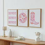 Mainstays 3 Pc Set Pink Western Theme Wall Art, Howdy, Boot, and Disco Globe