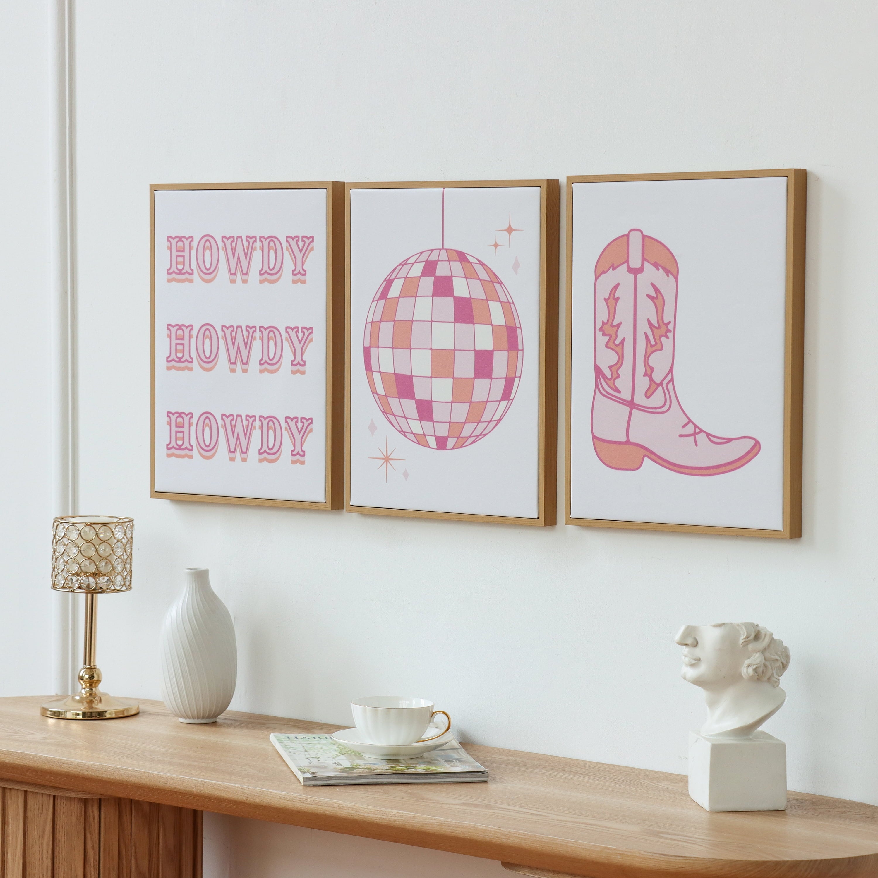 Mainstays 3 Pc Set Pink Western Theme Wall Art, Howdy, Boot, and Disco Globe