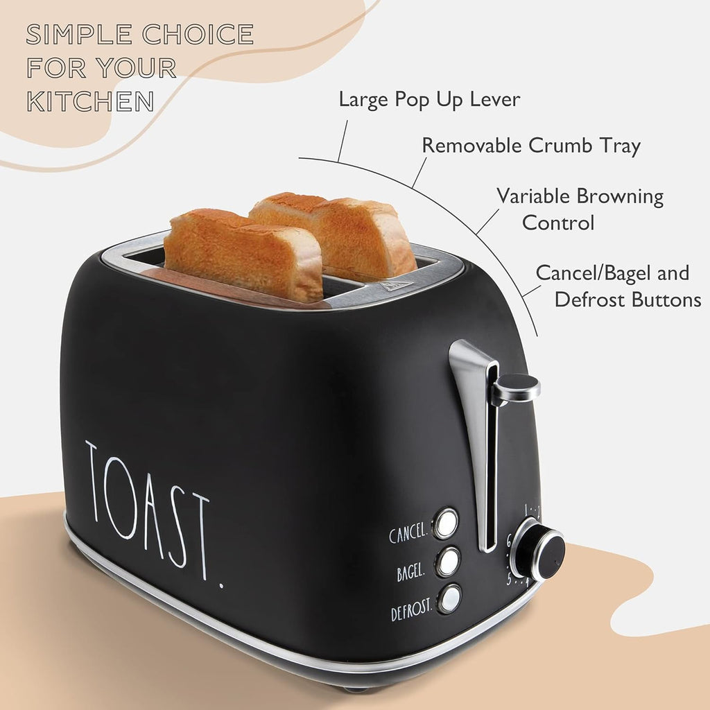 Rae Dunn 2-Slice Toaster, Stainless Steel with 6 Browning Levels, Extra Wide Slots