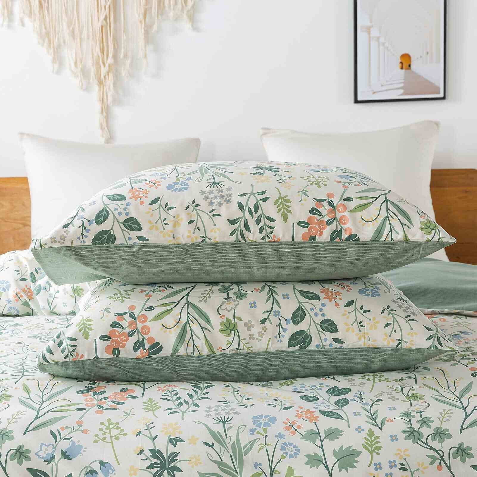 HoneiLife 3pc Duvet Cover King Size - 100% Cotton Comforter Floral Breathable Duvet Cover with Zipper Closure & Corner Ties, Green Grass