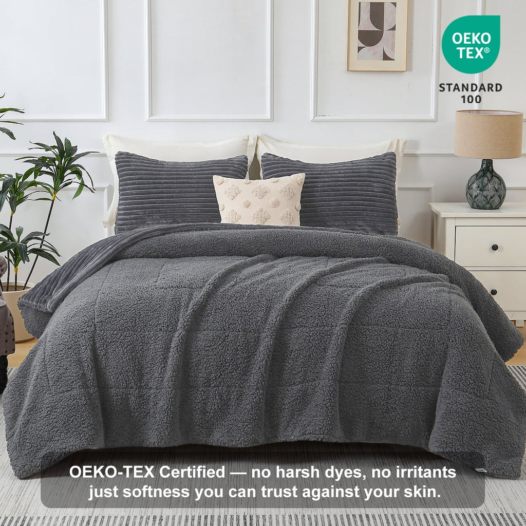 Jessy Home 3 Piece Fleece Queen Comforter Set - Soft & Warm Fluffy Dark Gray Sherpa Bedding , Fuzzy Heavy Double Sided Design Winter Comforter with 2 Pillow Cases