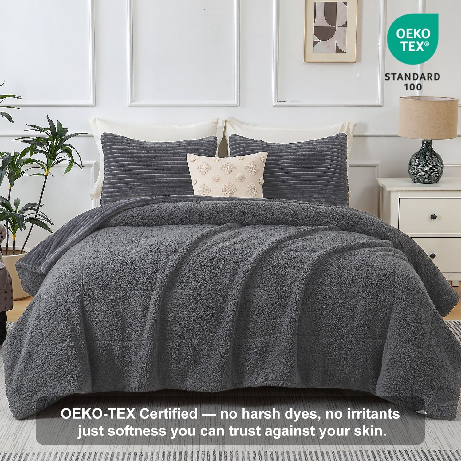 Jessy Home 3 Piece Fleece Queen Comforter Set - Soft & Warm Fluffy Dark Gray Sherpa Bedding , Fuzzy Heavy Double Sided Design Winter Comforter with 2 Pillow Cases