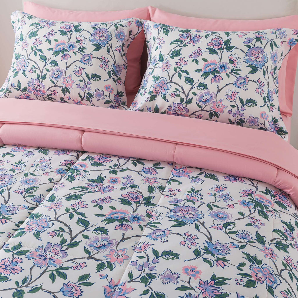 Mainstays 7-Piece Reversible Bed in a Bag with Laundry Tote, Purple Floral, Queen