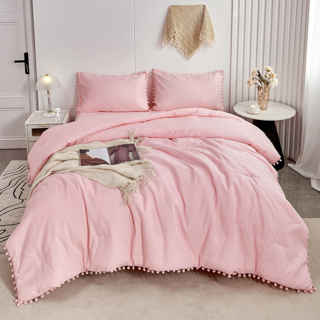 RYNGHIPY Pink Full Size Comforter Set Pom Fringe 3 Pcs Boho Chic Cute Ball Pom Blush Bedding Set Cali Soft Lightweight Solid Bed Set (1 Pom Comforter, 2 Pillowcases)