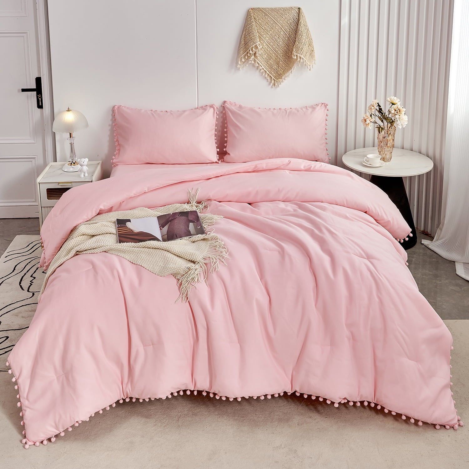 RYNGHIPY Pink Full Size Comforter Set Pom Fringe 3 Pcs Boho Chic Cute Ball Pom Blush Bedding Set Cali Soft Lightweight Solid Bed Set (1 Pom Comforter, 2 Pillowcases)