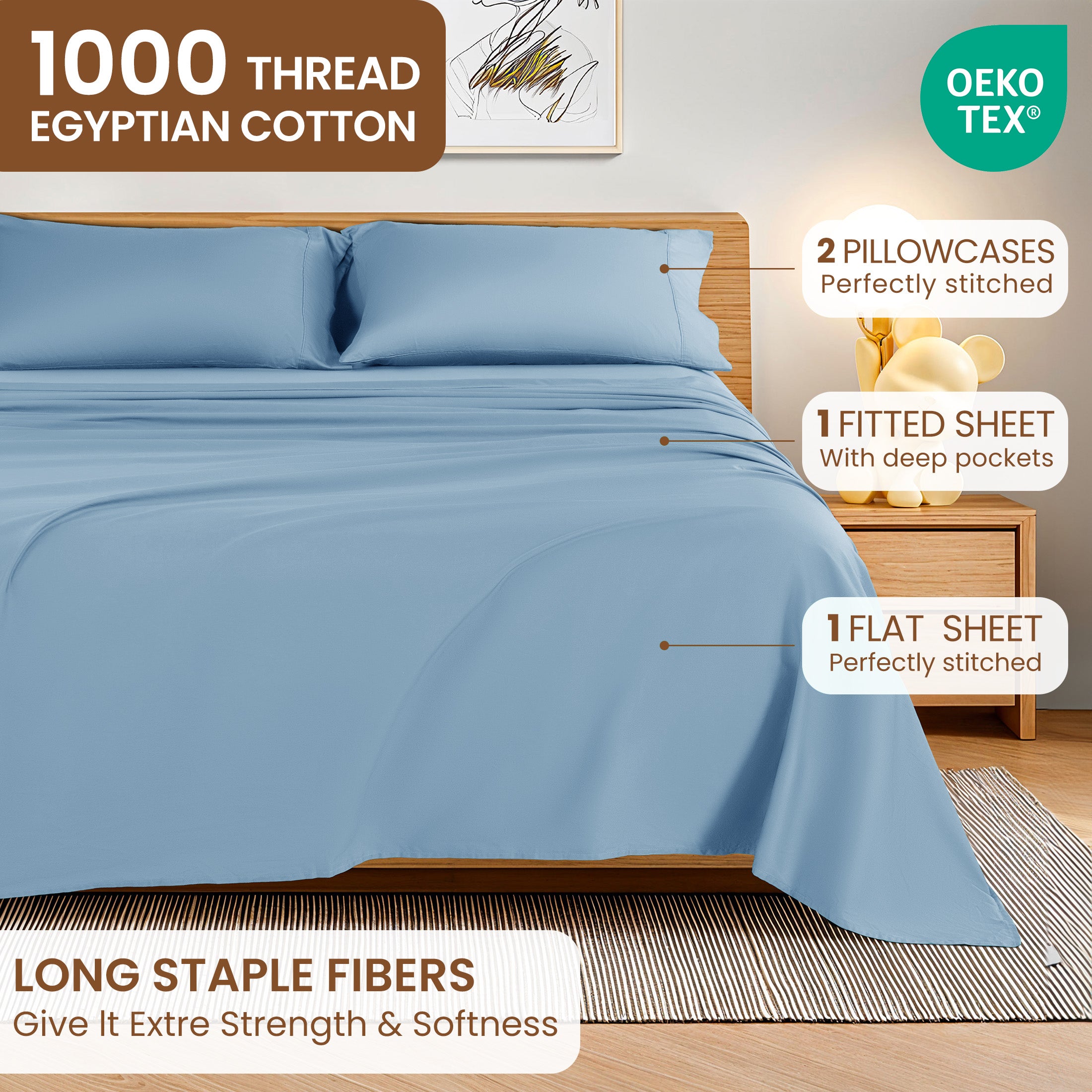 Baauye 100% Cotton Sheet Set, 1000 Thread Count Durable 4-Piece Bed Sheets with 16" Deep Pocket, King, Lake Blue