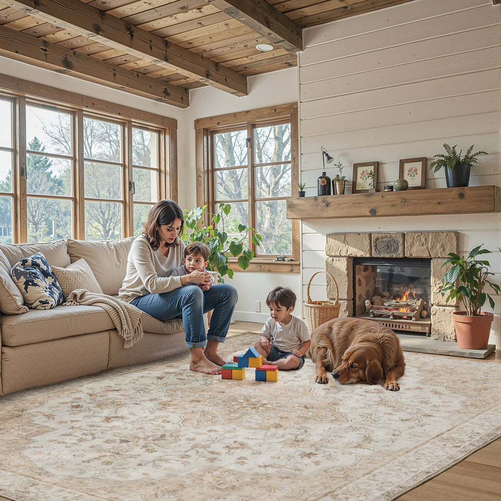 CHITOOMA 8'x10' Boho Area Rugs for Living Room, Machine Washable Floral Area Rug with Non-Slip Backing, Stain Resistant Non-Shed Carpet for Bedroom, Dining Room, Dorm, Office