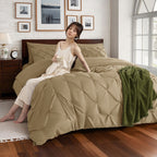 Baauye Queen Comforter Set, 7 Pieces Beige Comforters, Pintuck Bedding Sets for All Season, Bed in a Bag with Comforter, 1 Fitted Sheet, 1 Flat Sheet, 2 Pillowcases & 2 Shams