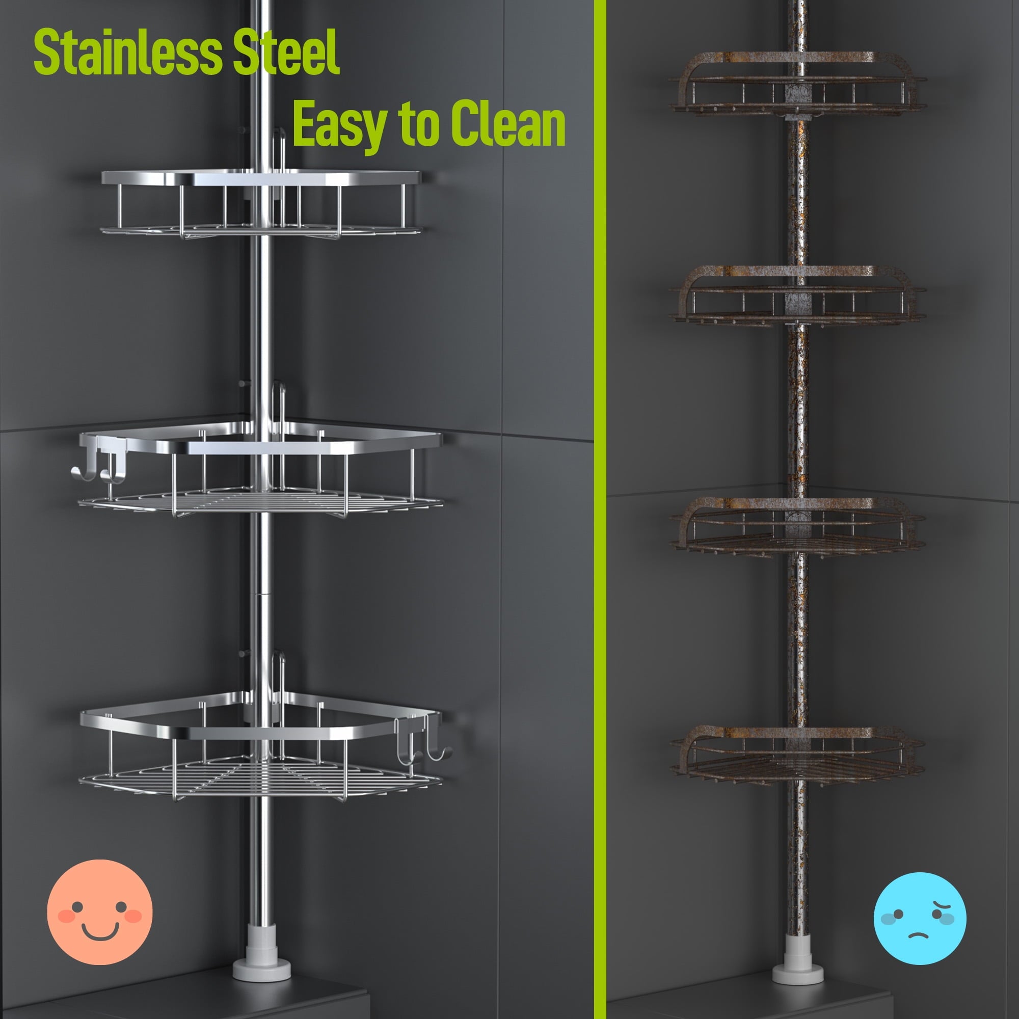 LazySpin 4-Tier Corner Shower Caddy Tension Pole, Fits 37.8”-124”, Silver