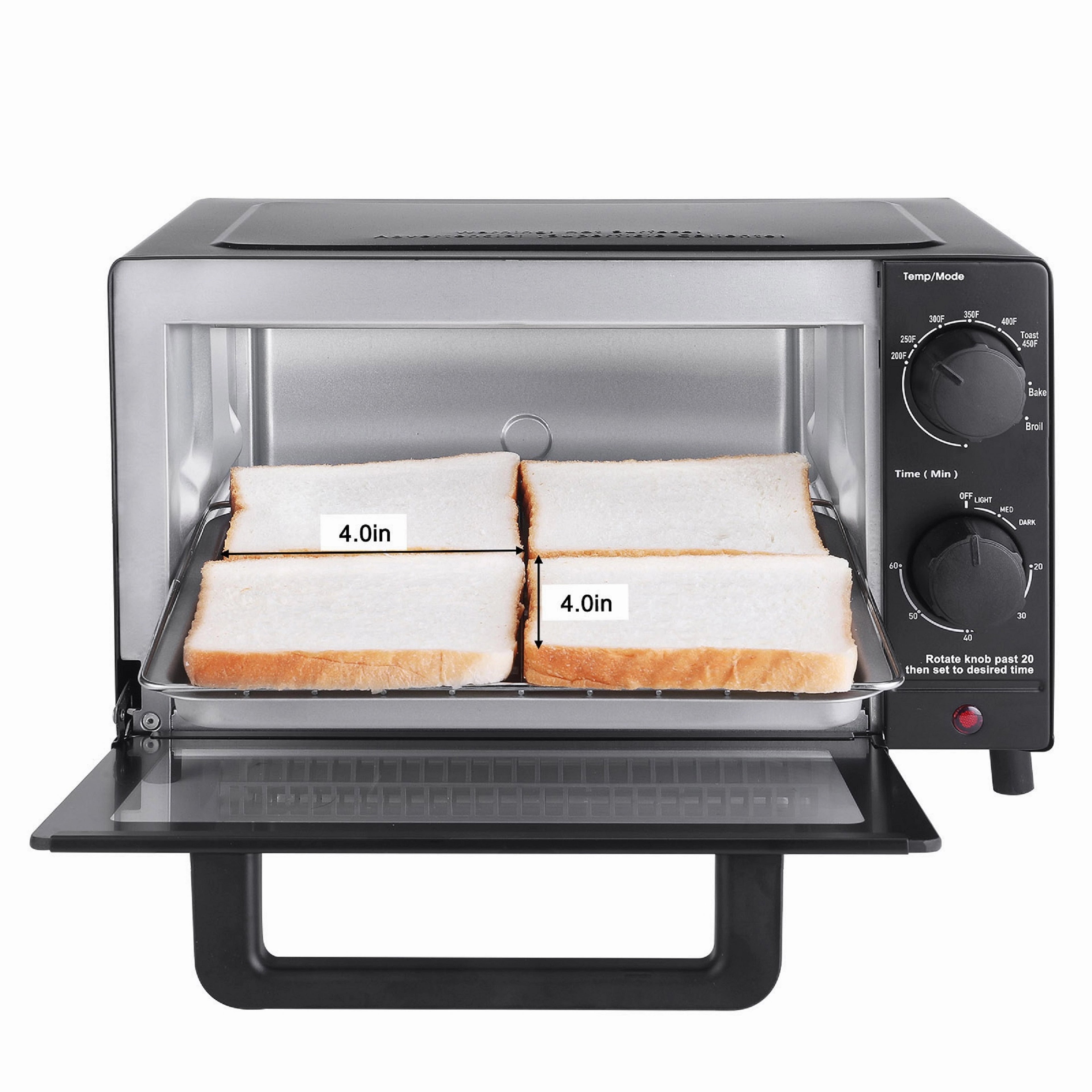 Mainstays 4 Slice Countertop Toaster Oven with 3 Settings, Includes Baking Rack and Pan, Black, New