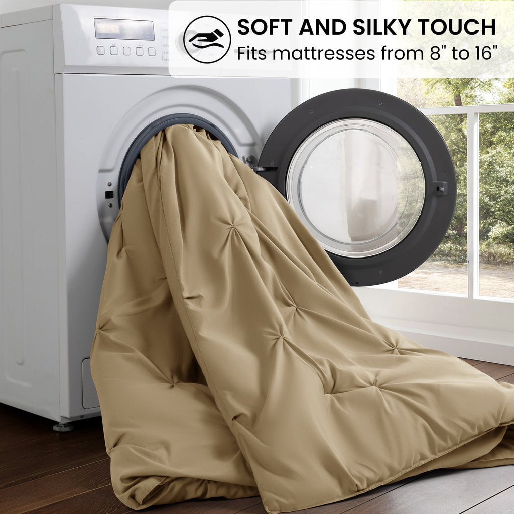 Baauye Queen Comforter Set, 7 Pieces Beige Comforters, Pintuck Bedding Sets for All Season, Bed in a Bag with Comforter, 1 Fitted Sheet, 1 Flat Sheet, 2 Pillowcases & 2 Shams