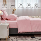 RYNGHIPY Pink Full Size Comforter Set Pom Fringe 3 Pcs Boho Chic Cute Ball Pom Blush Bedding Set Cali Soft Lightweight Solid Bed Set (1 Pom Comforter, 2 Pillowcases)