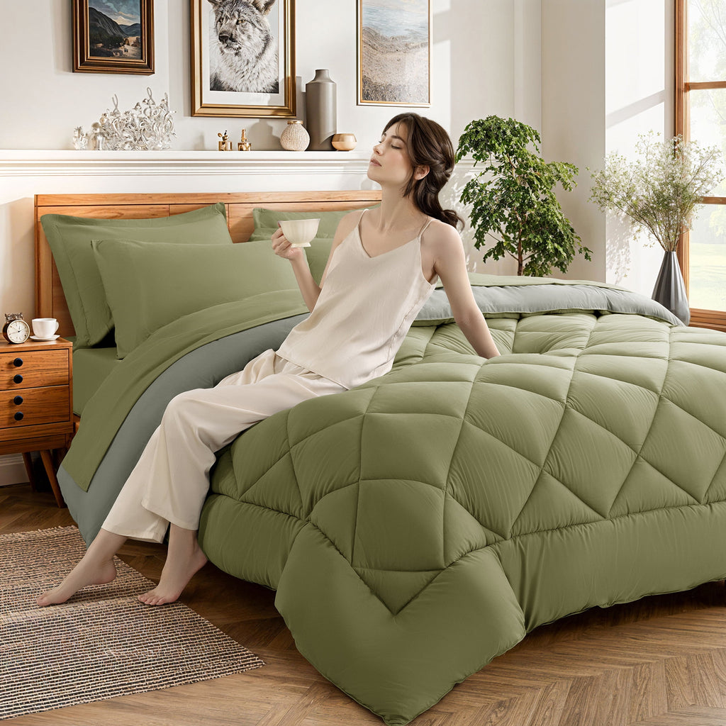 Sonoro Kate Queen Comforter Set Sage Green, Bed in a Bag 7 Pieces, Luxury Soft All-Season Bedding Set with Down Alternative Comforter, 1 Flat & 1 Fitted Sheets, 2 Pillowcases & 2 Shams