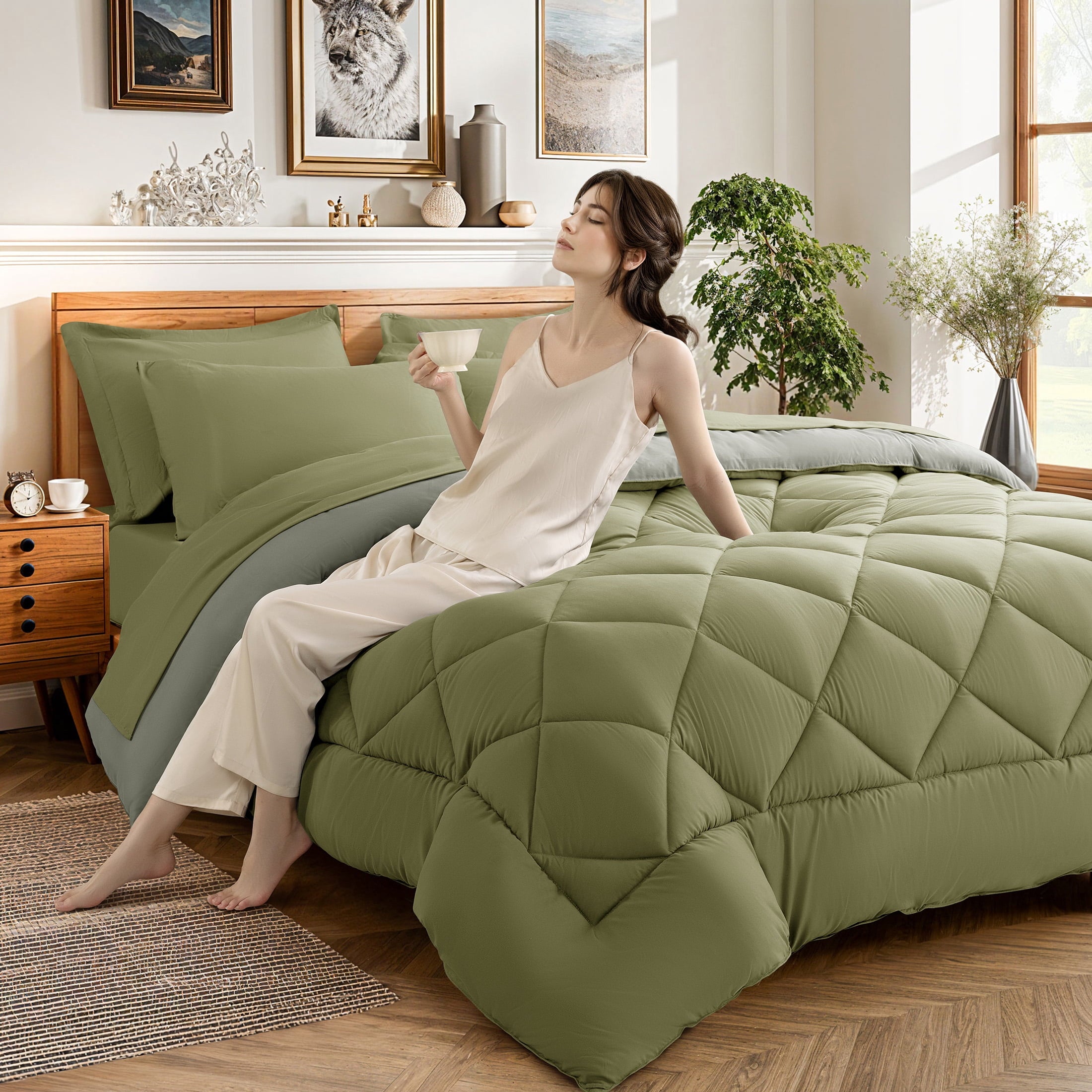 Sonoro Kate Queen Comforter Set Sage Green, Bed in a Bag 7 Pieces, Luxury Soft All-Season Bedding Set with Down Alternative Comforter, 1 Flat & 1 Fitted Sheets, 2 Pillowcases & 2 Shams