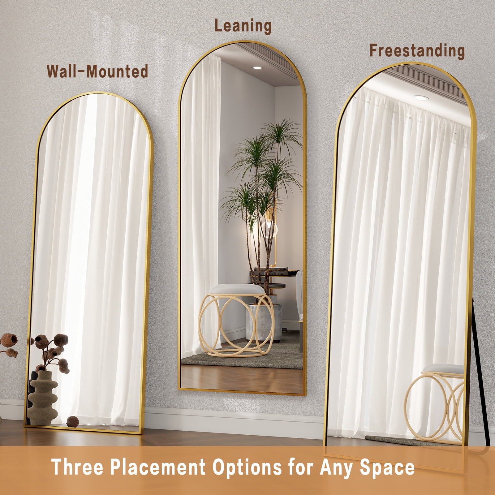 BEAUTYPEAK 64"x 21" Full Length Mirror Arched Standing Floor Mirror Full Body Mirror, Gold