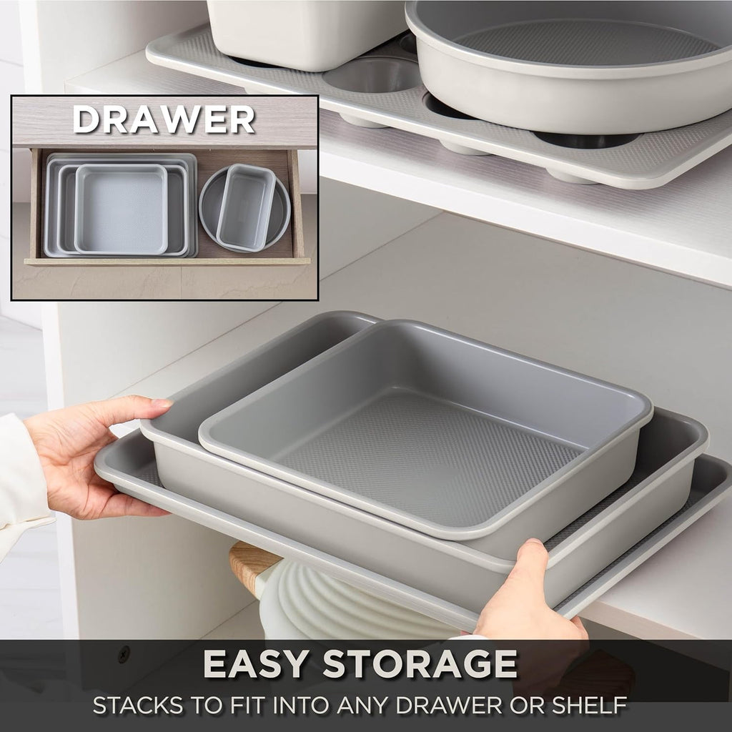 Country Kitchen Heavy Duty Baking Pans Bakeware Set with Textured Silicone Coating, Cream, 6-Piece