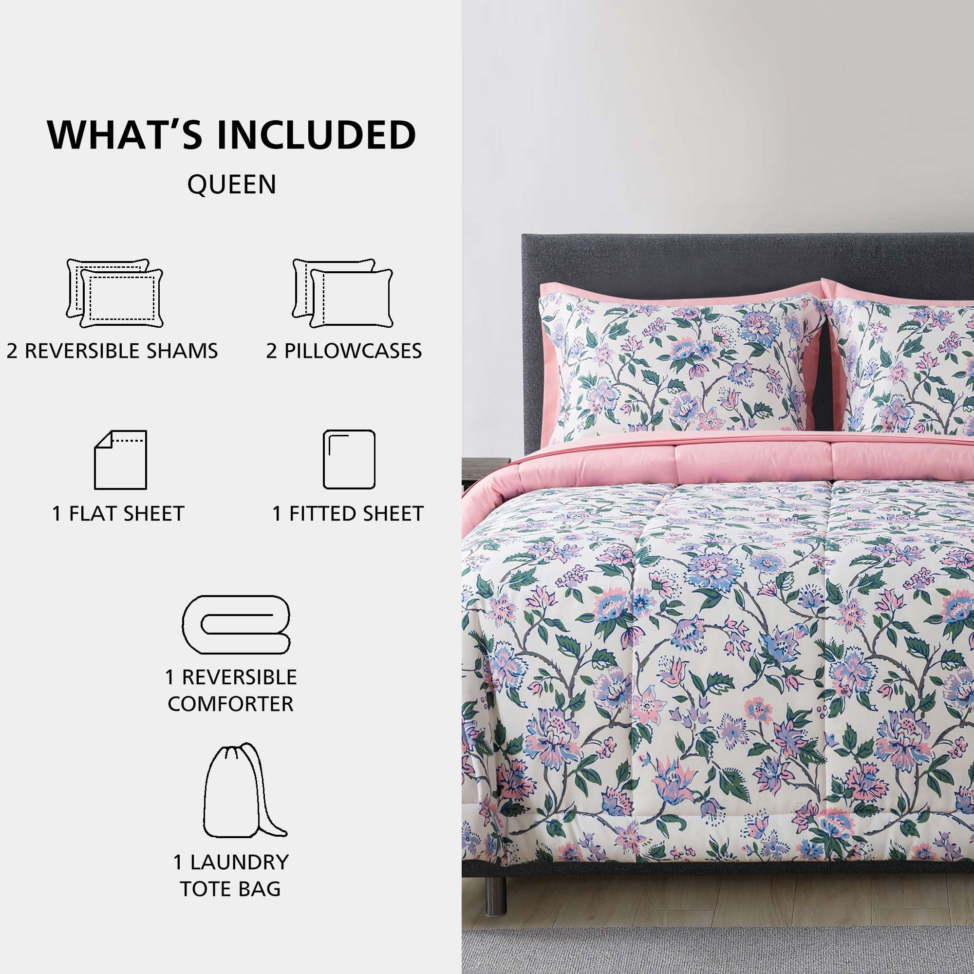 Mainstays 7-Piece Reversible Bed in a Bag with Laundry Tote, Purple Floral, Queen