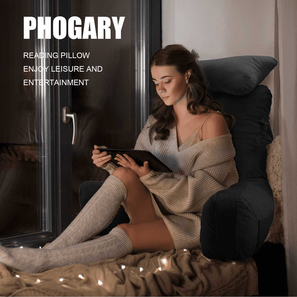 PHOGARY 31inch Reading Pillow for Bed Backrest with Arms - Black - Adult, Ultra-Comfy Microplush Cover & Detachable Neck Roll - Unmatched Support Bed Rest Sit Up Pillow