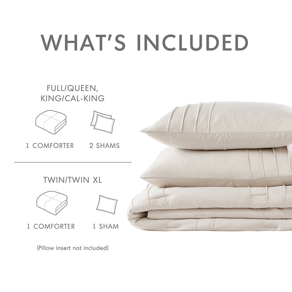 Regency Heights Queen Comforter Set, Boho 3-Piece Pintuck Stitching Bedding Set, Soft Washed Pleated Bed Sets with Pillow Sham Neutral