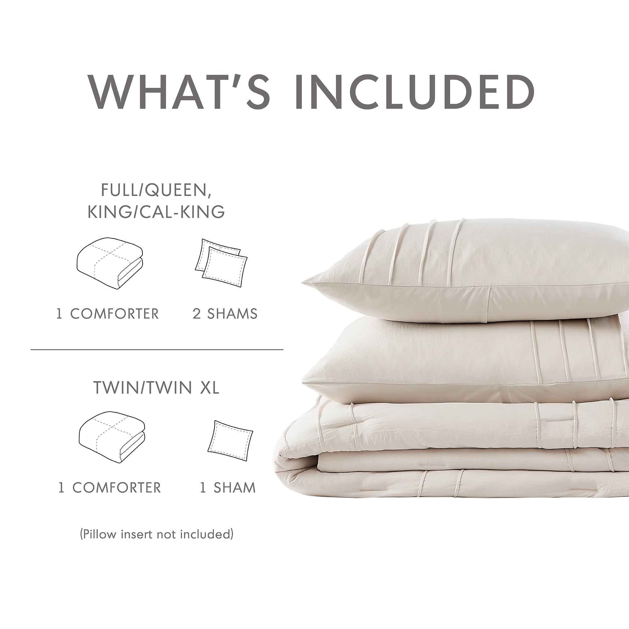 Regency Heights Queen Comforter Set, Boho 3-Piece Pintuck Stitching Bedding Set, Soft Washed Pleated Bed Sets with Pillow Sham Neutral