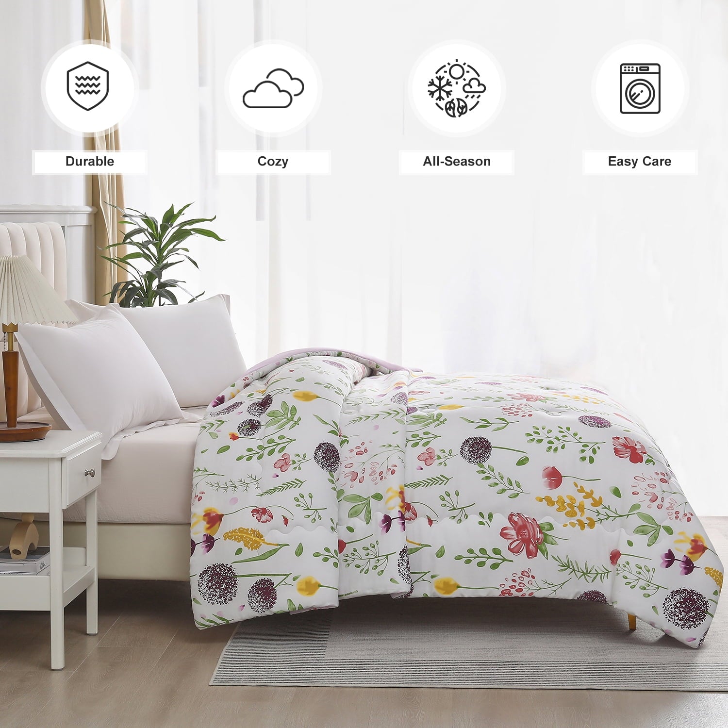 Jessy Home 1 Piece Queen Comforter Floral Comforter Purple Dandelion Summer Quilts Soft Cooling Comforter 1 Comforter