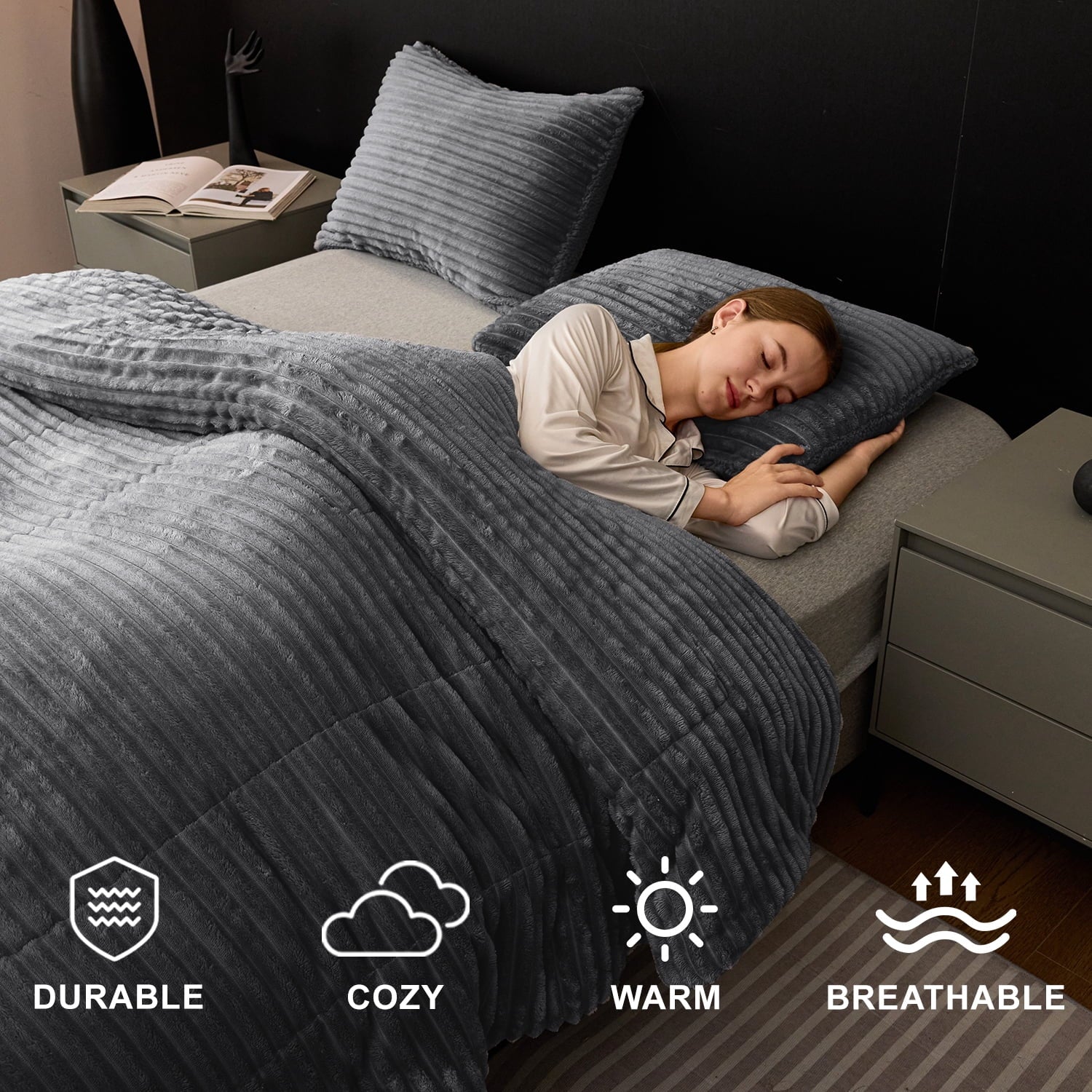 Jessy Home 3 Piece Fleece Queen Comforter Set - Soft & Warm Fluffy Dark Gray Sherpa Bedding , Fuzzy Heavy Double Sided Design Winter Comforter with 2 Pillow Cases