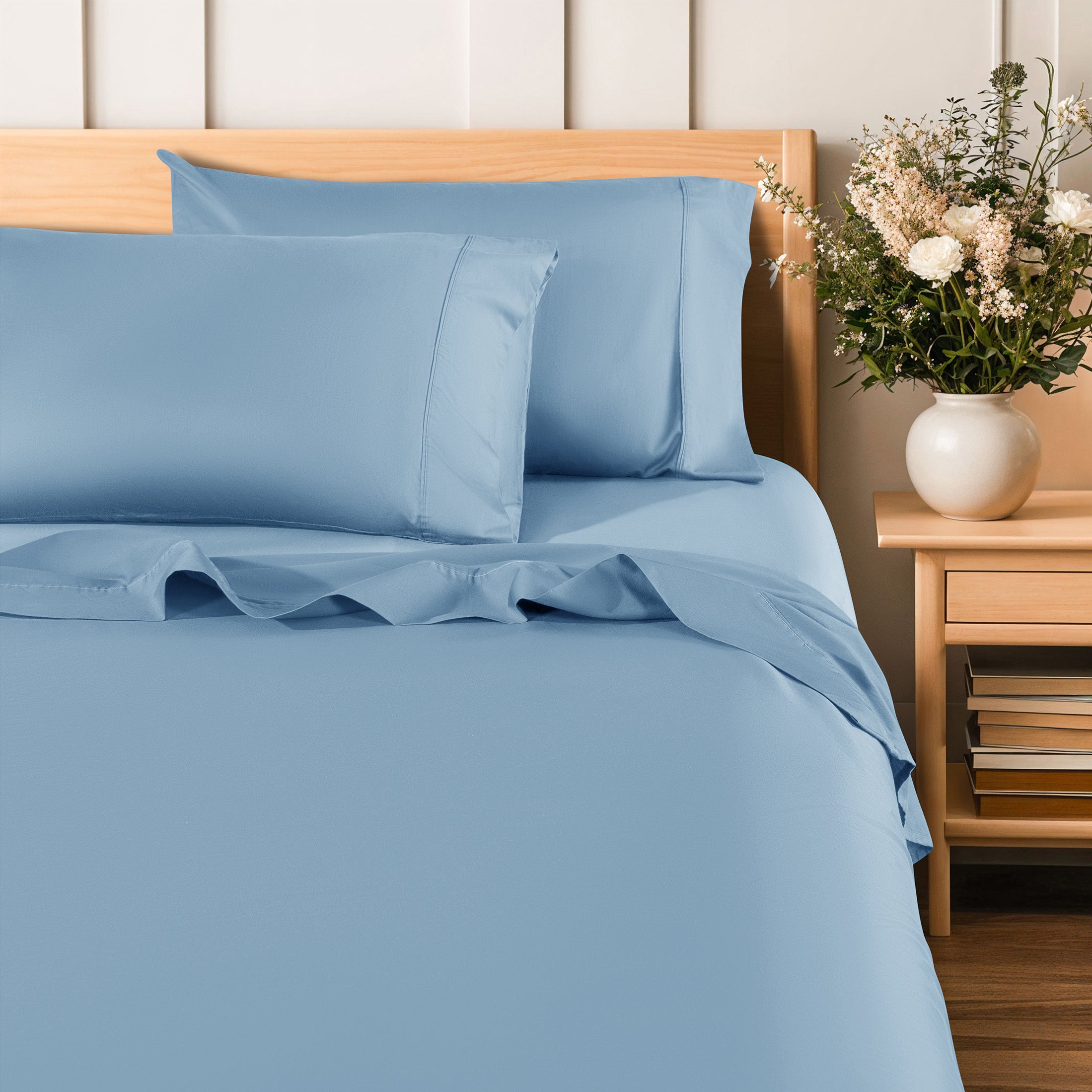Baauye 100% Cotton Sheet Set, 1000 Thread Count Durable 4-Piece Bed Sheets with 16" Deep Pocket, King, Lake Blue