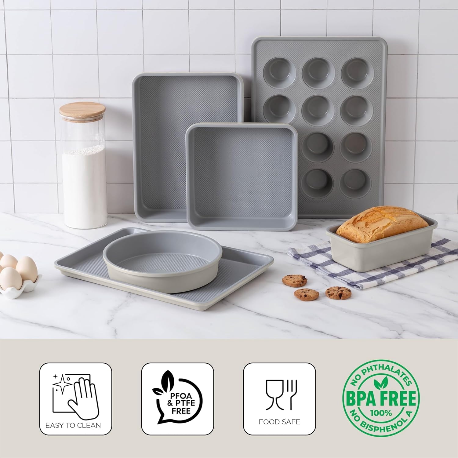 Country Kitchen Heavy Duty Baking Pans Bakeware Set with Textured Silicone Coating, Cream, 6-Piece
