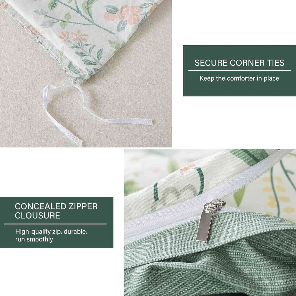 HoneiLife 3pc Duvet Cover King Size - 100% Cotton Comforter Floral Breathable Duvet Cover with Zipper Closure & Corner Ties, Green Grass