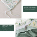 HoneiLife 3pc Duvet Cover King Size - 100% Cotton Comforter Floral Breathable Duvet Cover with Zipper Closure & Corner Ties, Green Grass