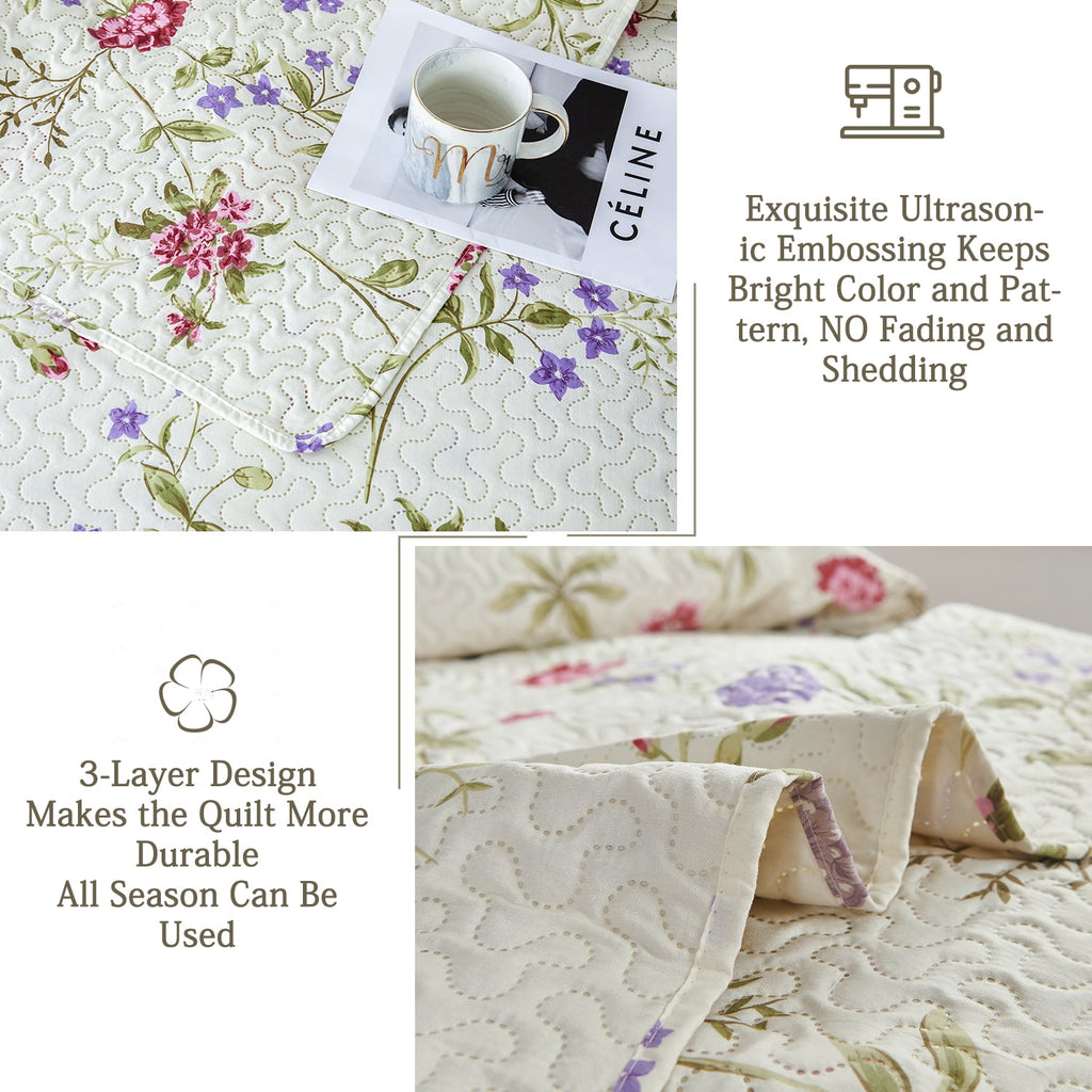 Green Essen 3 Pcs Quilt Sets, Lightweight Microfiber Bedspreads Soft Purple Floral Quilt Reversible Green Leaves Coverlet Set, 1 Quilt & 2 Pillow Shams(Queen Size)