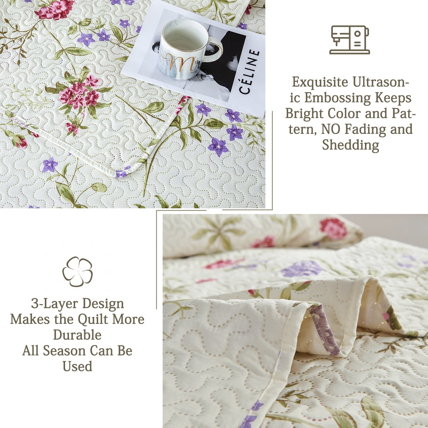 Green Essen 3 Pcs Quilt Sets, Lightweight Microfiber Bedspreads Soft Purple Floral Quilt Reversible Green Leaves Coverlet Set, 1 Quilt & 2 Pillow Shams(Queen Size)