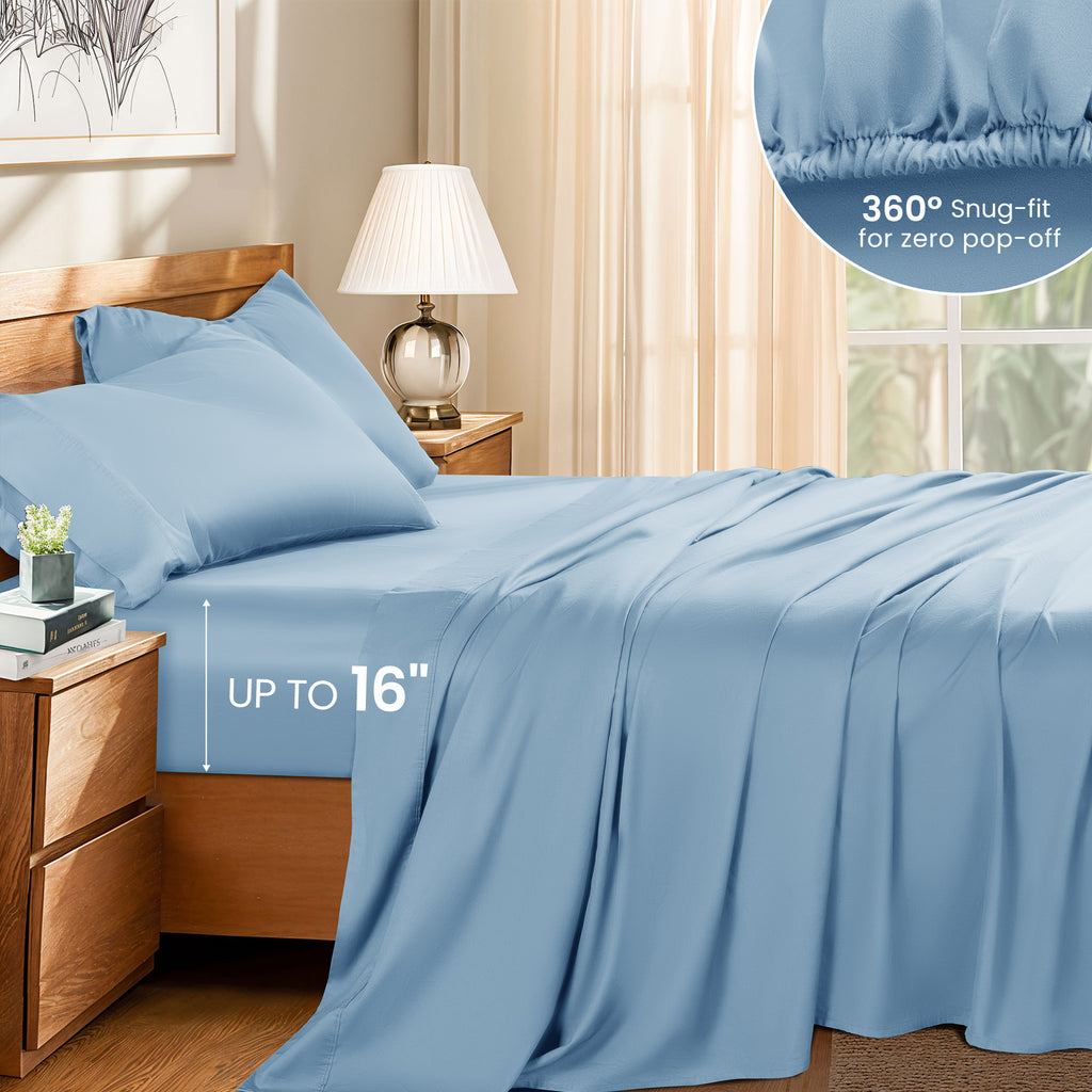 Baauye 100% Cotton Sheet Set, 1000 Thread Count Durable 4-Piece Bed Sheets with 16" Deep Pocket, King, Lake Blue