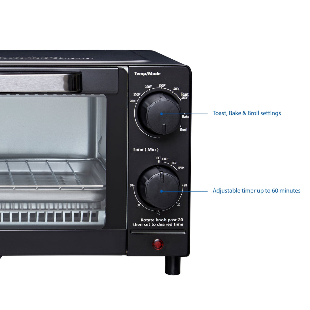 Mainstays 4 Slice Countertop Toaster Oven with 3 Settings, Includes Baking Rack and Pan, Black, New