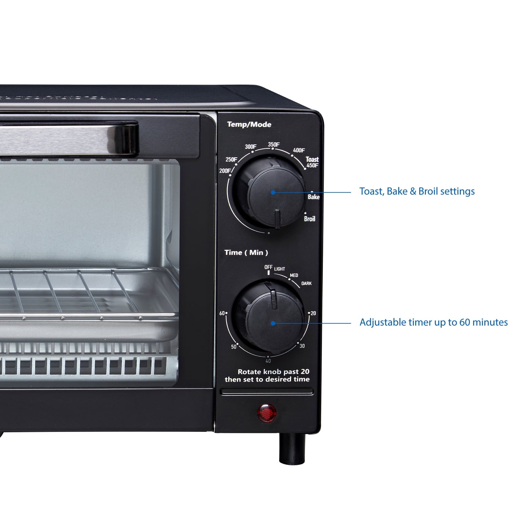 Mainstays 4 Slice Countertop Toaster Oven with 3 Settings, Includes Baking Rack and Pan, Black, New