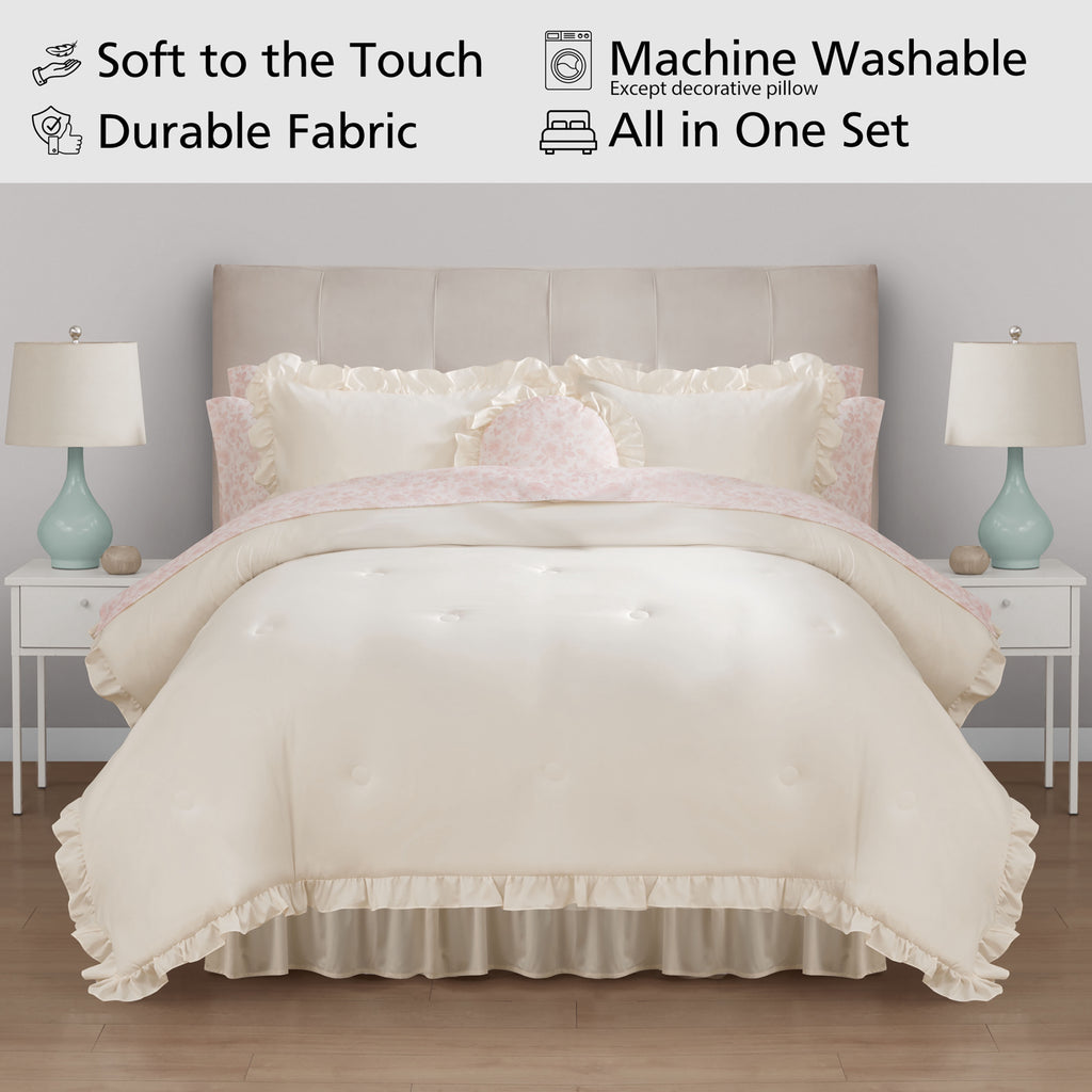 Mainstays All in One Reversible Comforter and Sheet set- 11 Piece, Queen, Cream Ruffle