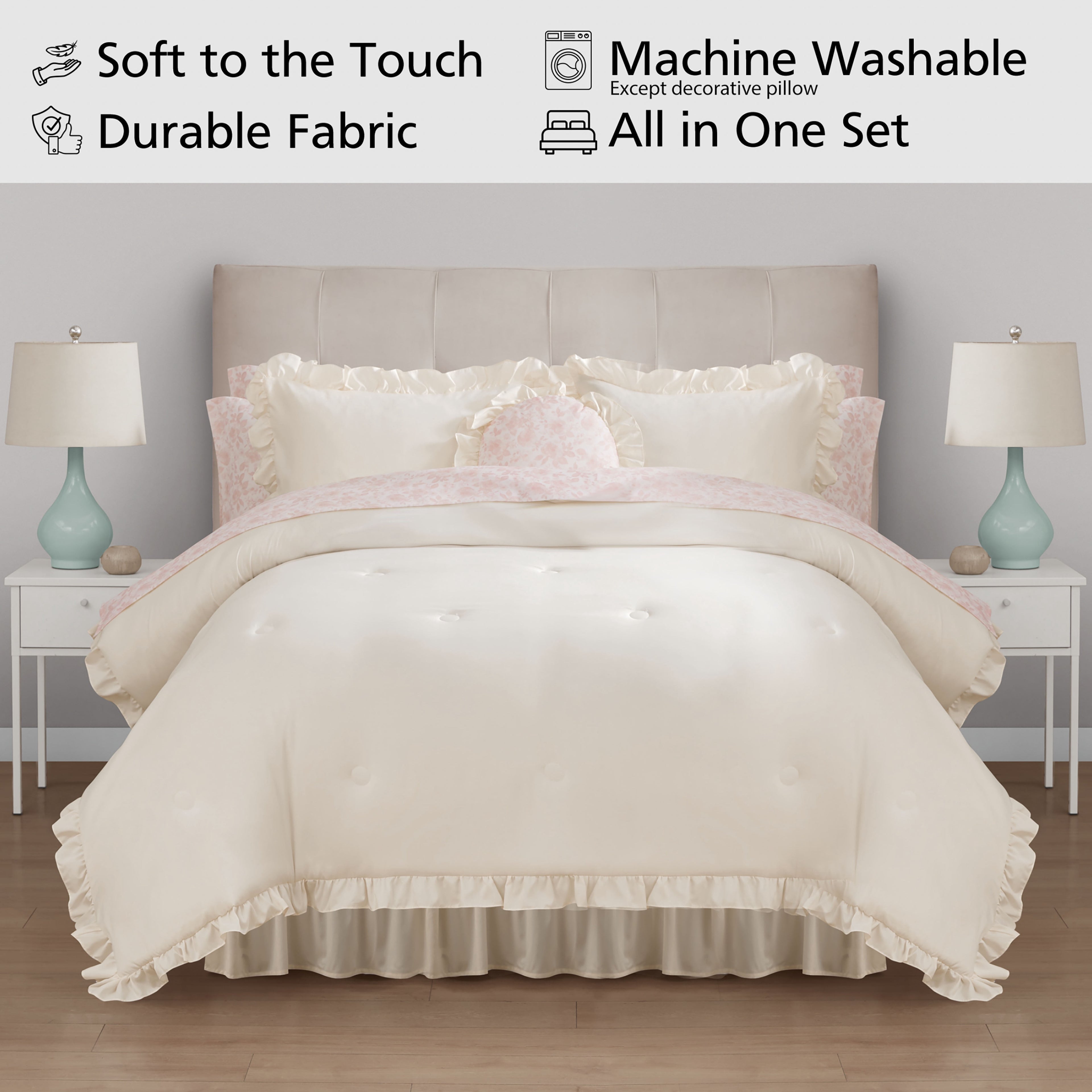 Mainstays All in One Reversible Comforter and Sheet set- 11 Piece, Queen, Cream Ruffle
