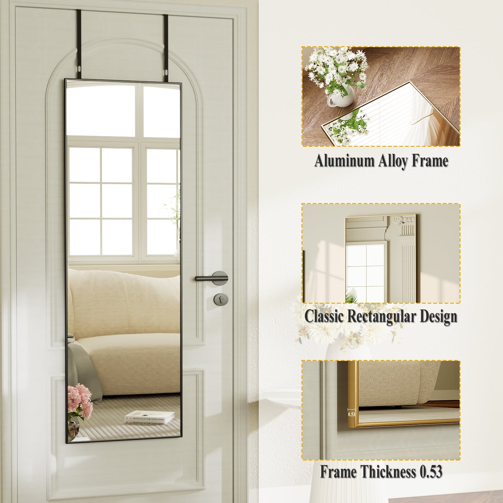 BEAUTYPEAK 48"x 14" Full Length Door Mirror Hanging Wall-Mounted Mirrors, Black