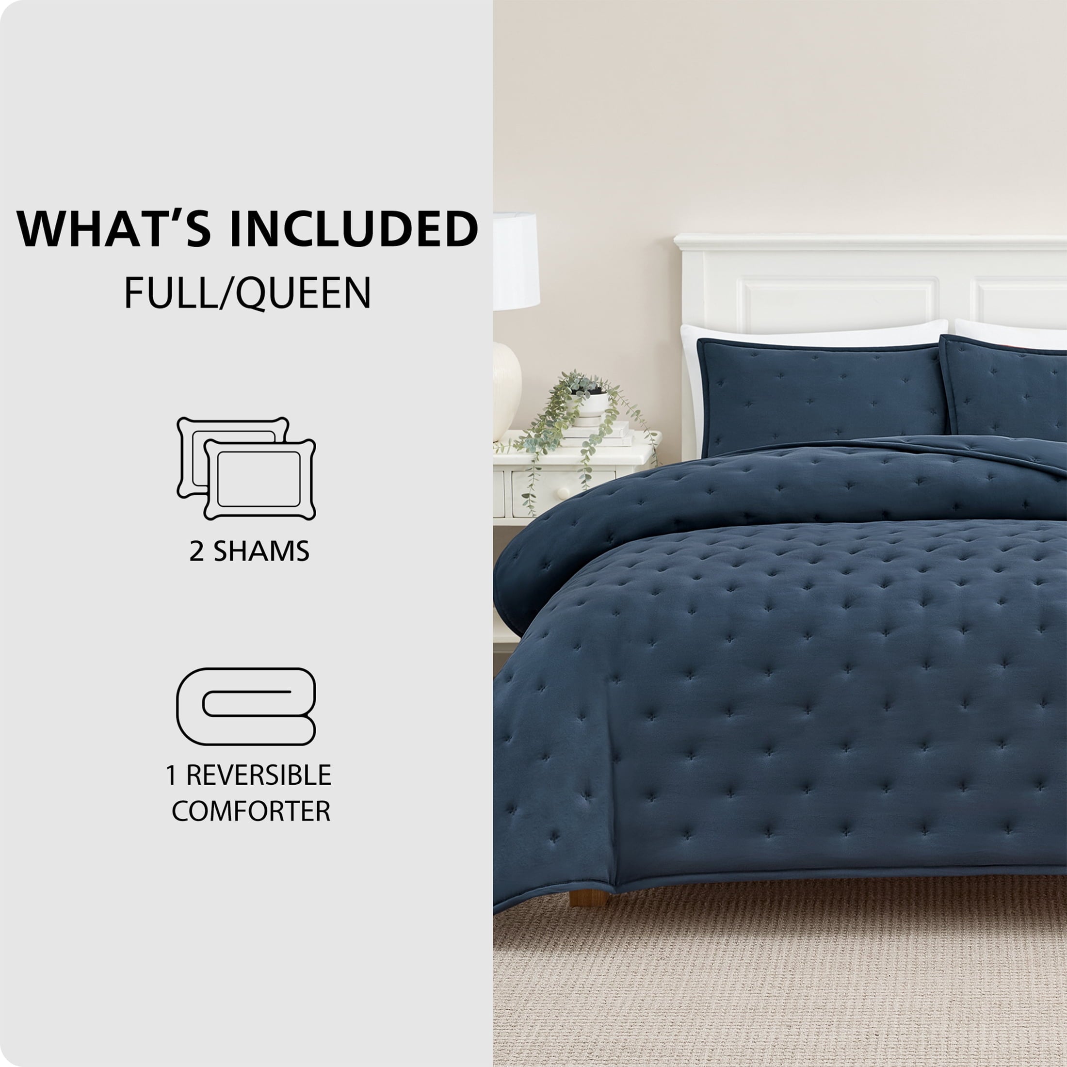 Mainstays Full/Queen Comforter Set, All-Season, 3-Piece, Navy