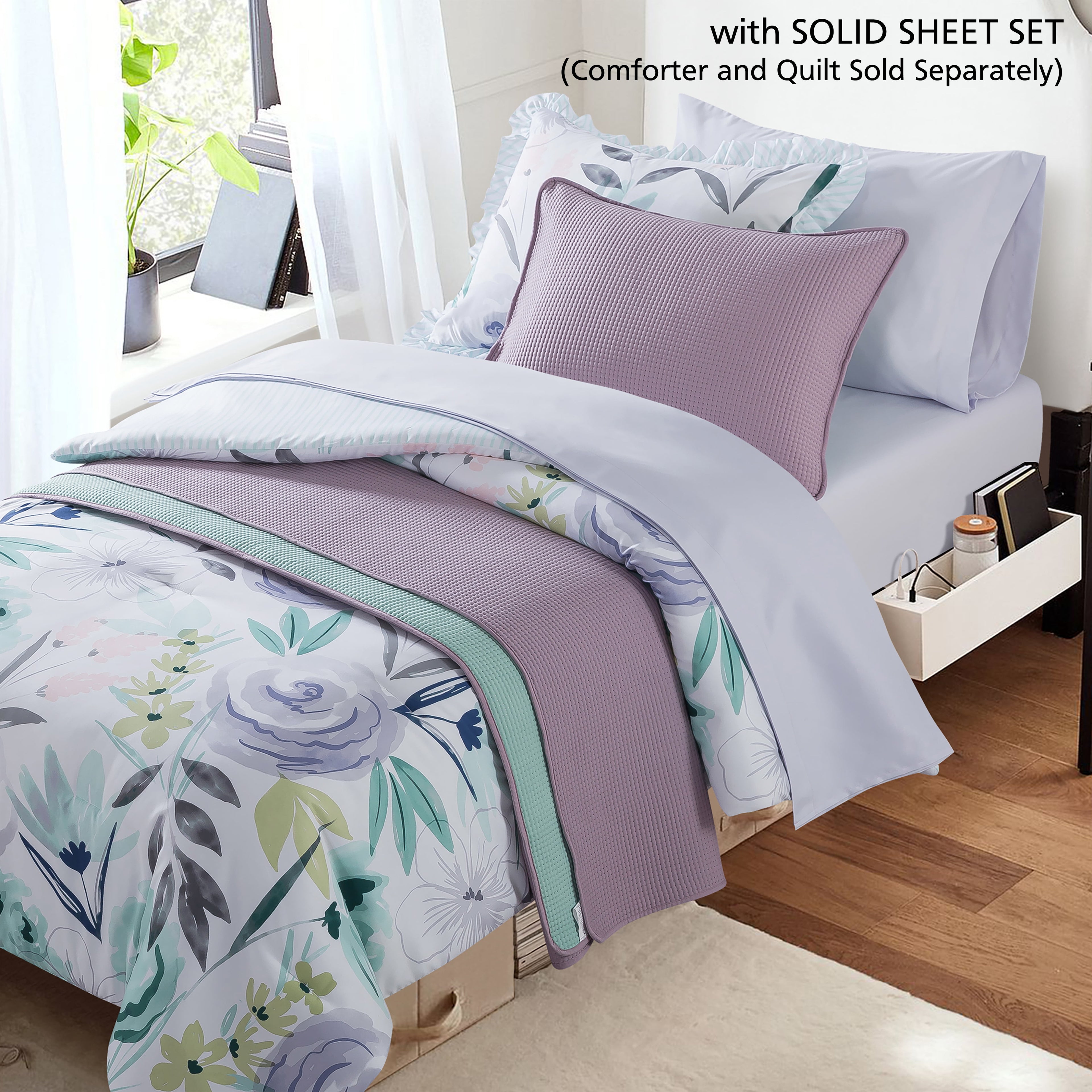 Campus Comforts by New Sega Home 2-Pack Microfiber Sheet Set, One Print, One Solid, Flora, Lilac, Twin-XL