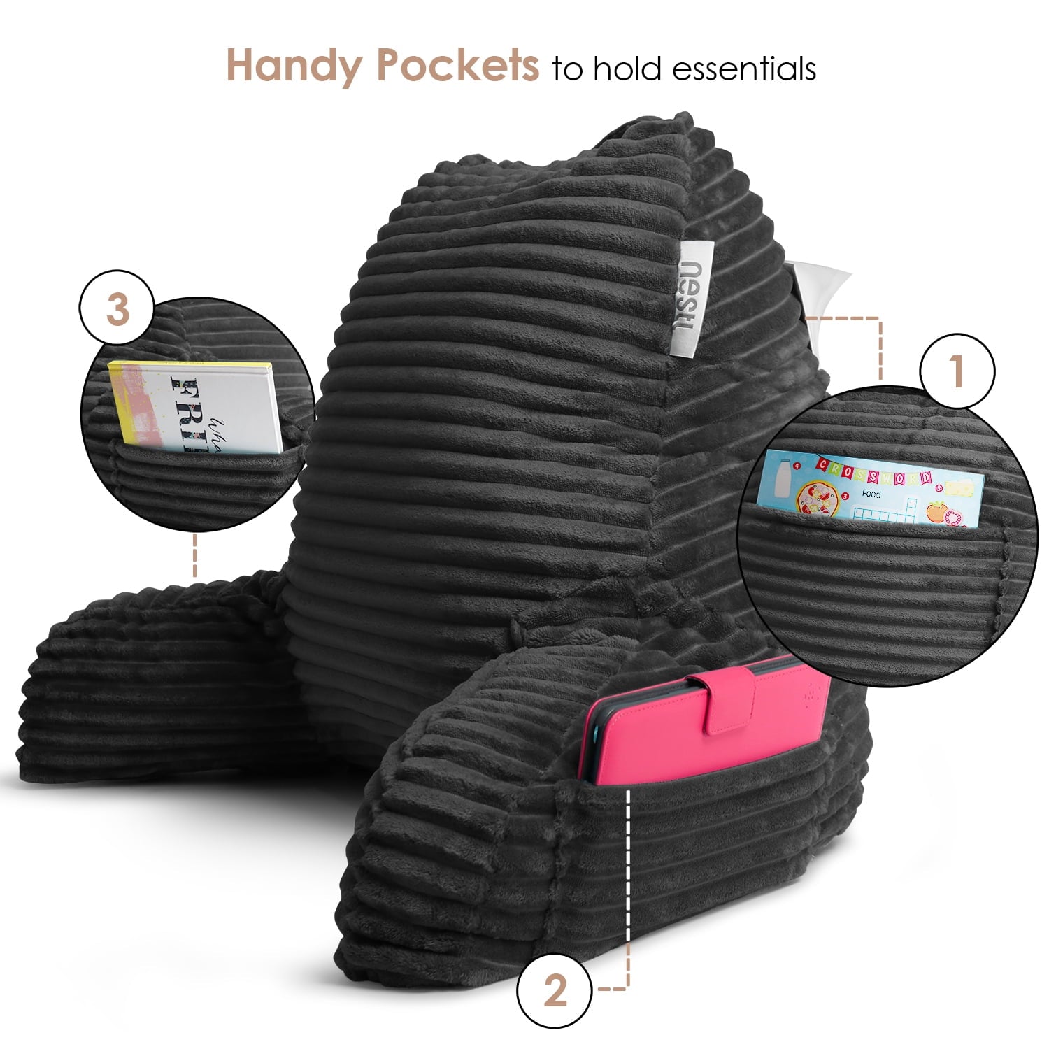 Nestl Backrest Reading Pillow, Back Support Pillow with Arms, Shredded Memory Foam Bed Rest Pillow, Dark Gray