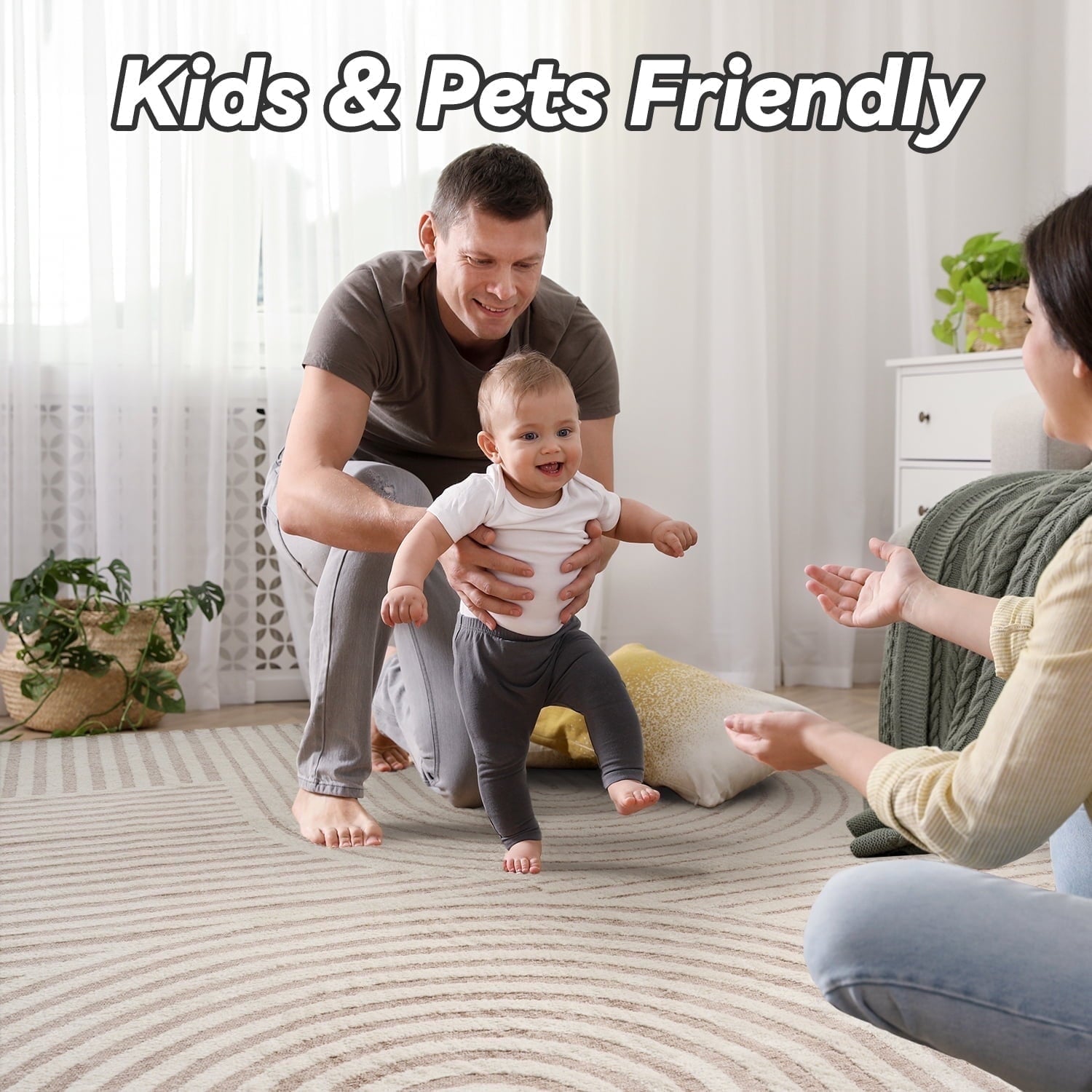 VUNATE 8'x10' Area Rugs for Living Room Jacquard Textured Modern Rugs Soft Geometric Rug for Bedroom Mid Century Washable Rug Non-Slip Bohemian Carpet Perfect for Dining Room Office Beige