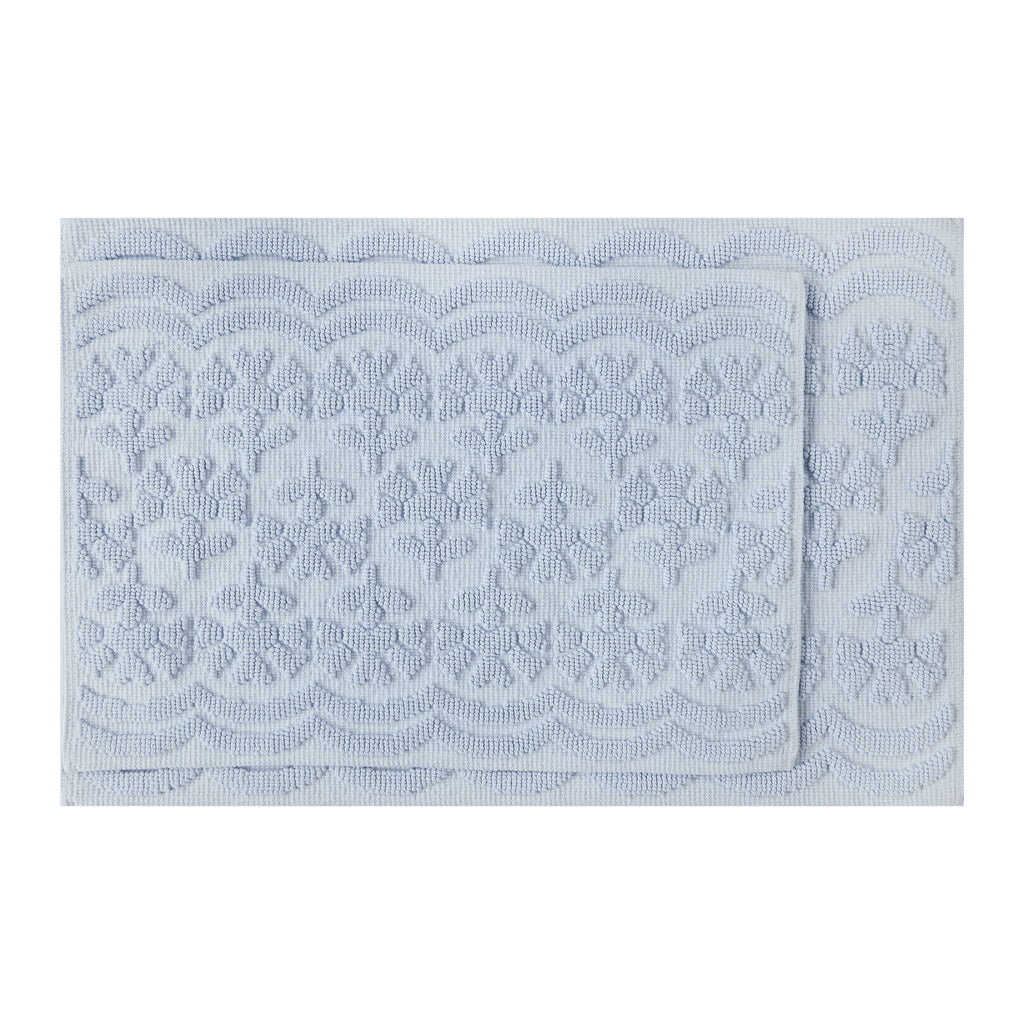 Beautiful Floral Block Scallop 2 Piece Bath Rug Set by Drew Barrymore, Hydrangea Blue, 17" x 24" & 20" x 30"