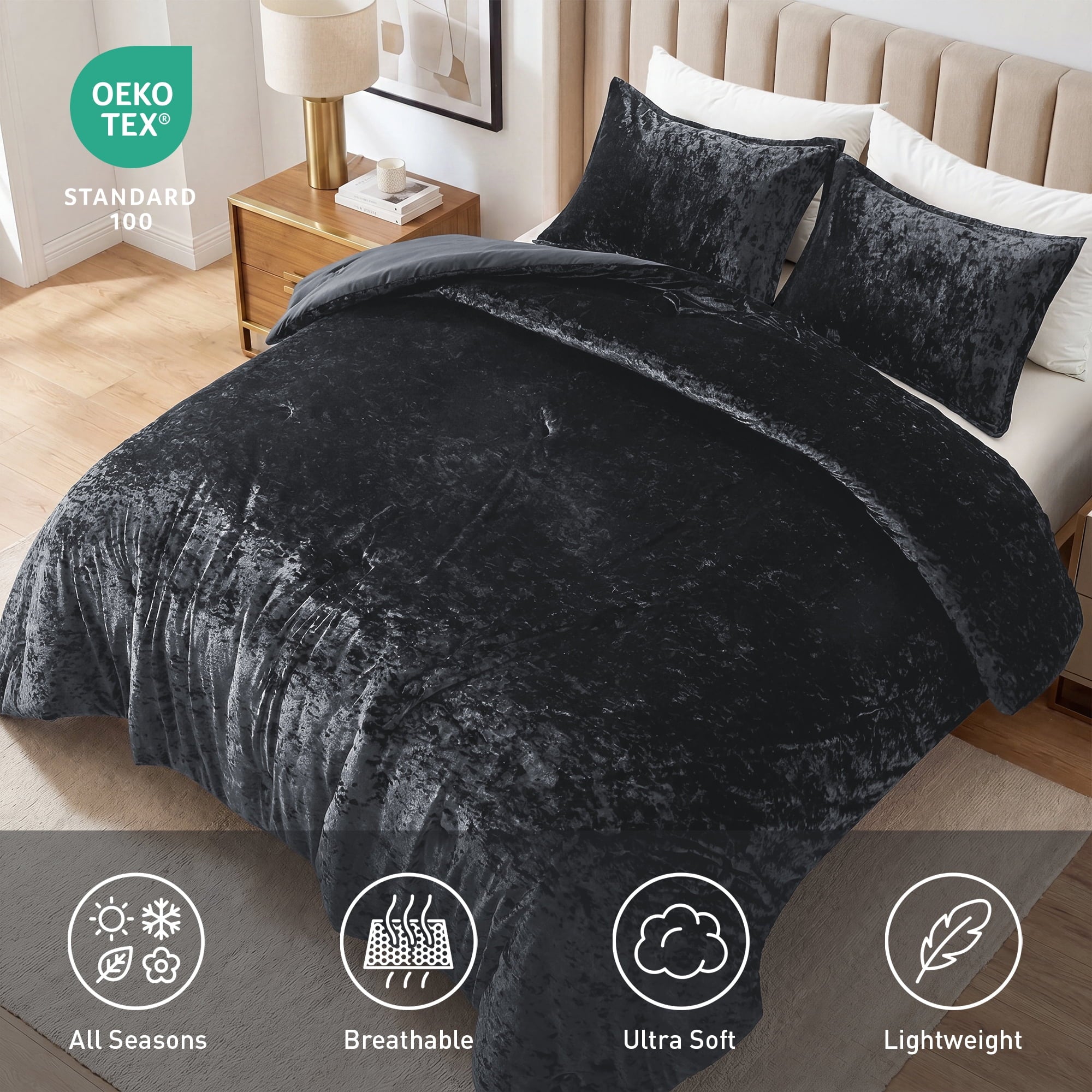 Regency Heights Full/Queen Cozy Velvet Comforter Sets, Luxury 3-Piece All-Season Bedding, Bed Set with Shams，Black