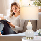Cinkeda Double Gourd Ceramic Table Lamps Set of 2 for Bedroom Living Room 22" Modern White Gold Nightstand Bedside Lamp with Shade