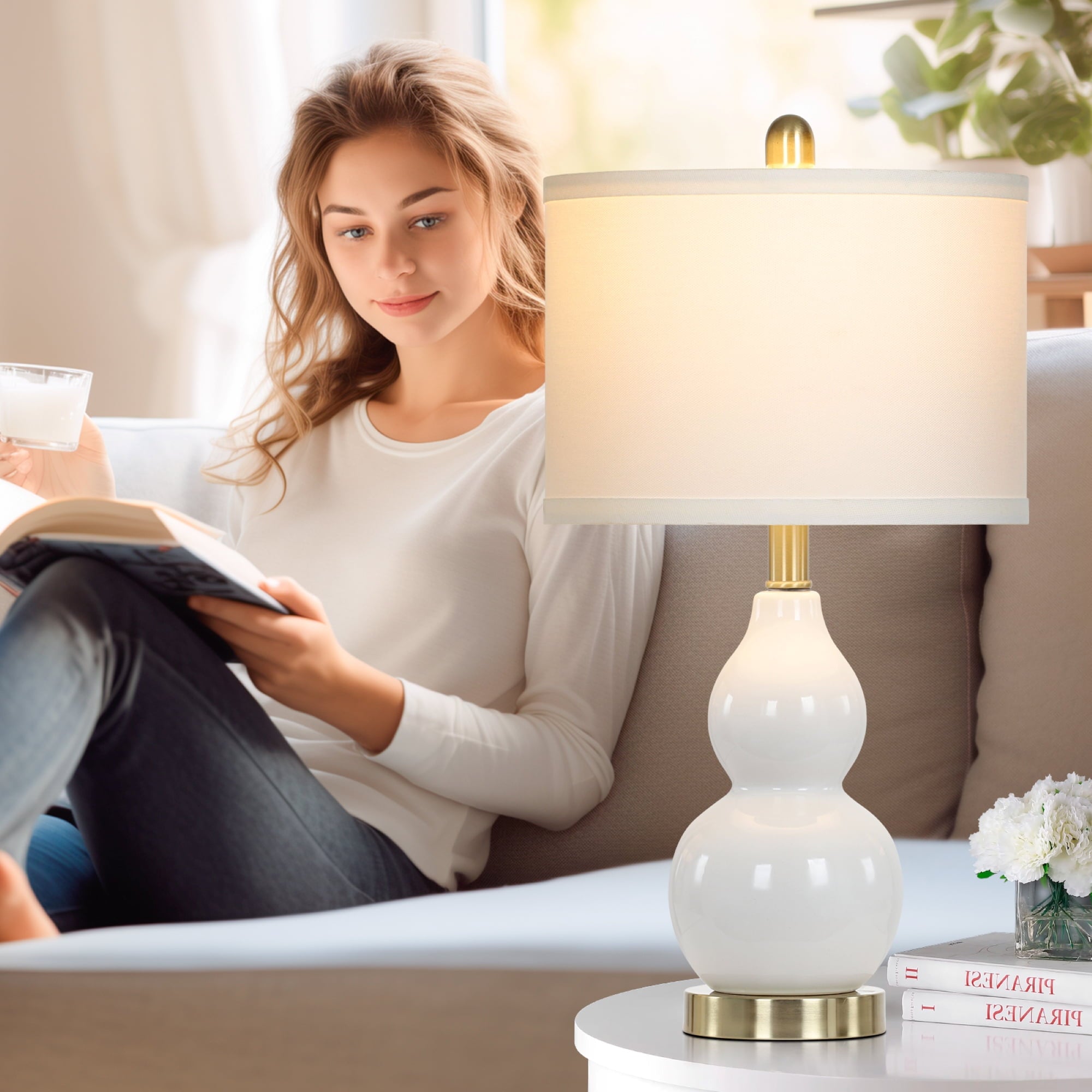 Cinkeda Double Gourd Ceramic Table Lamps Set of 2 for Bedroom Living Room 22" Modern White Gold Nightstand Bedside Lamp with Shade