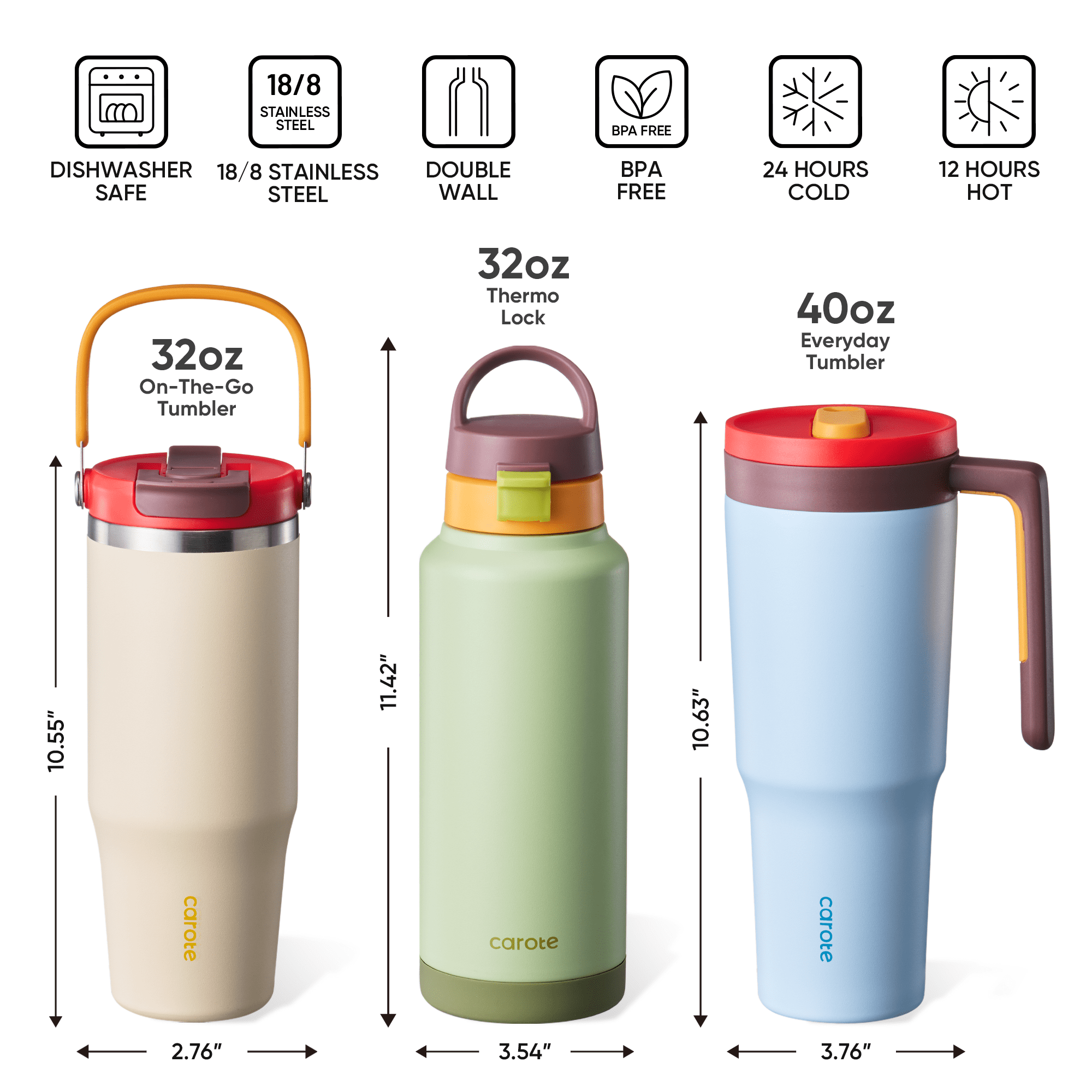 Carote 3pcs Insulated Stainless Steel Water Bottle Set, 40oz & 32oz Travel Bottles, Leak-Proof, Tumbler Style, Dewdrop Green